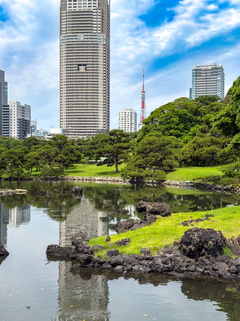 池越しに見える東京タワーとビル群 / Tokyo Tower and skyline seen across the garden pond