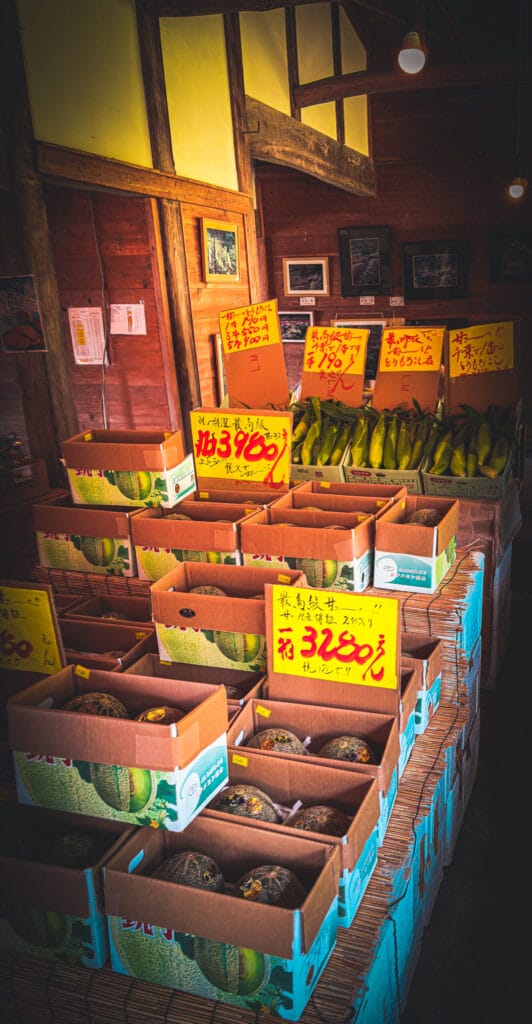 服部農園の直売所に並ぶメロンと地元野菜 Melons and local vegetables displayed at Hattori Garden’s farm shop