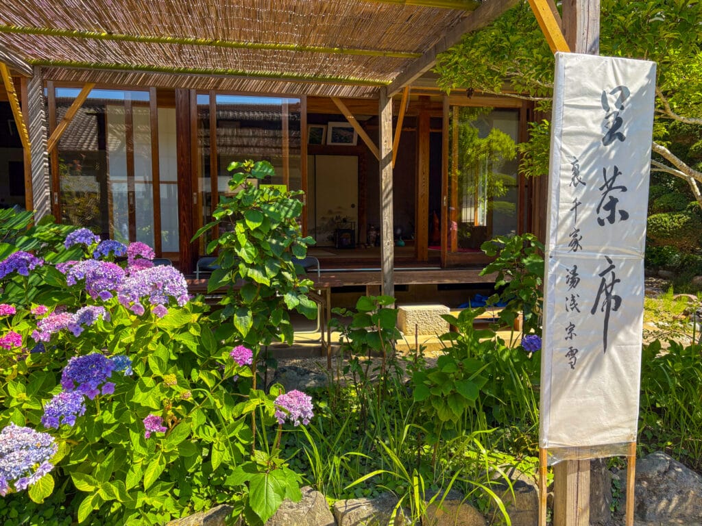 紫陽花に囲まれたお茶席の外観 Exterior of a teahouse surrounded by blooming hydrangeas