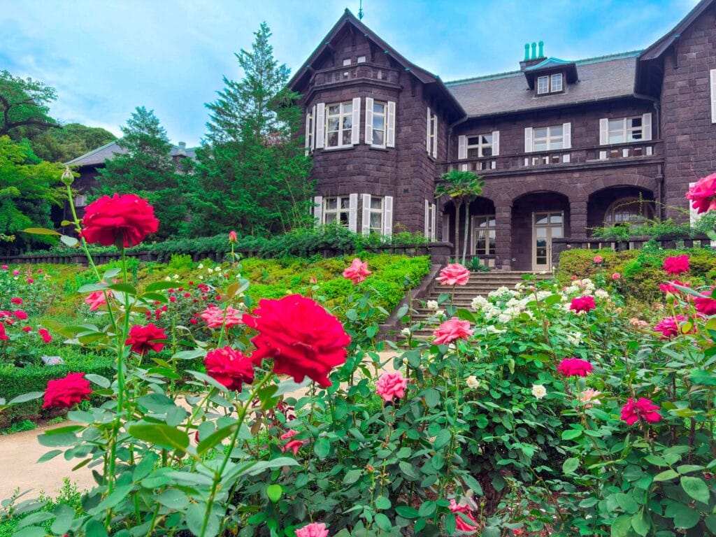 旧古河庭園の洋館を背景に、色とりどりのバラが咲き誇る春のローズガーデンの風景
Roses blooming at the front facade of mansion at Kyu-Furukawa Gardens