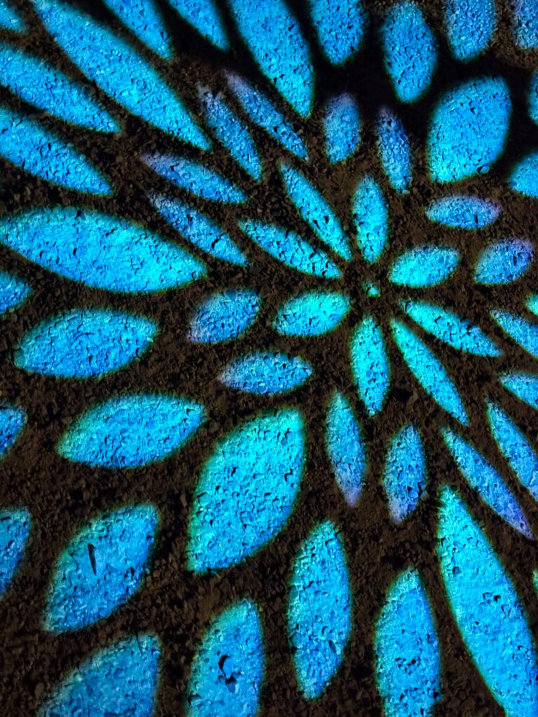青い花模様が地面に広がる幻想的なライトアップ Blue floral projection pattern lighting up the path