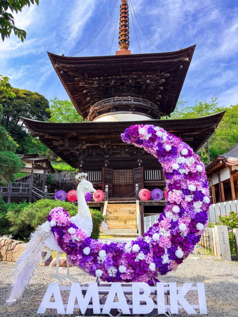 花で装飾された白い孔雀のオブジェと三重塔 White peacock statue made of flowers in front of a pagoda 