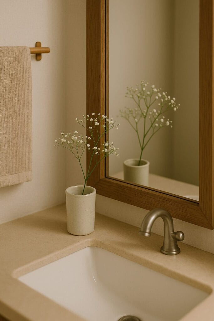 洗面所の鏡の前に飾られたカスミソウの一輪挿し（陶器の花器） / A single baby’s breath arranged in a ceramic vase in front of a bathroom mirror
