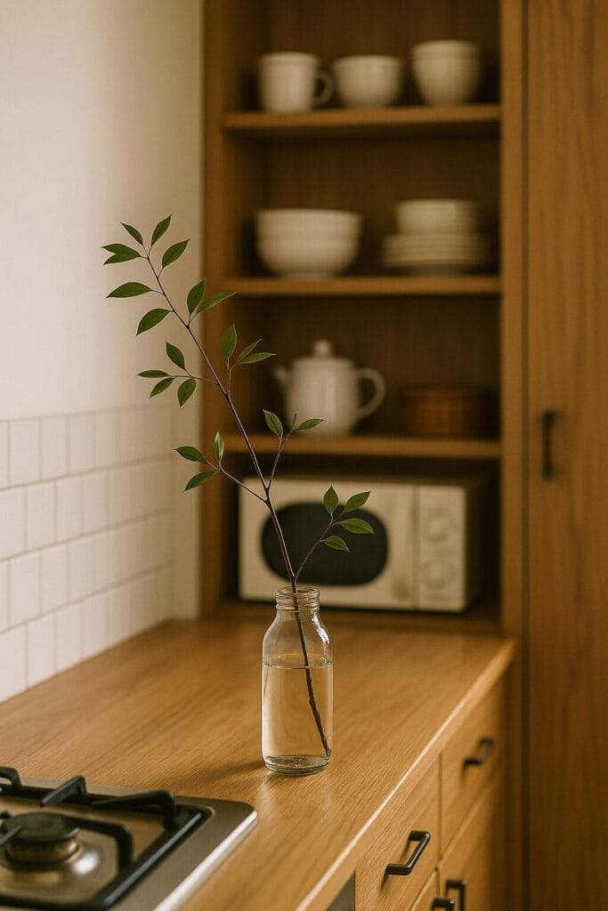 キッチンのカウンターに飾られたドウダンツツジの枝（空き瓶の一輪挿し） / A branch of Enkianthus arranged in a glass bottle on a kitchen counter
