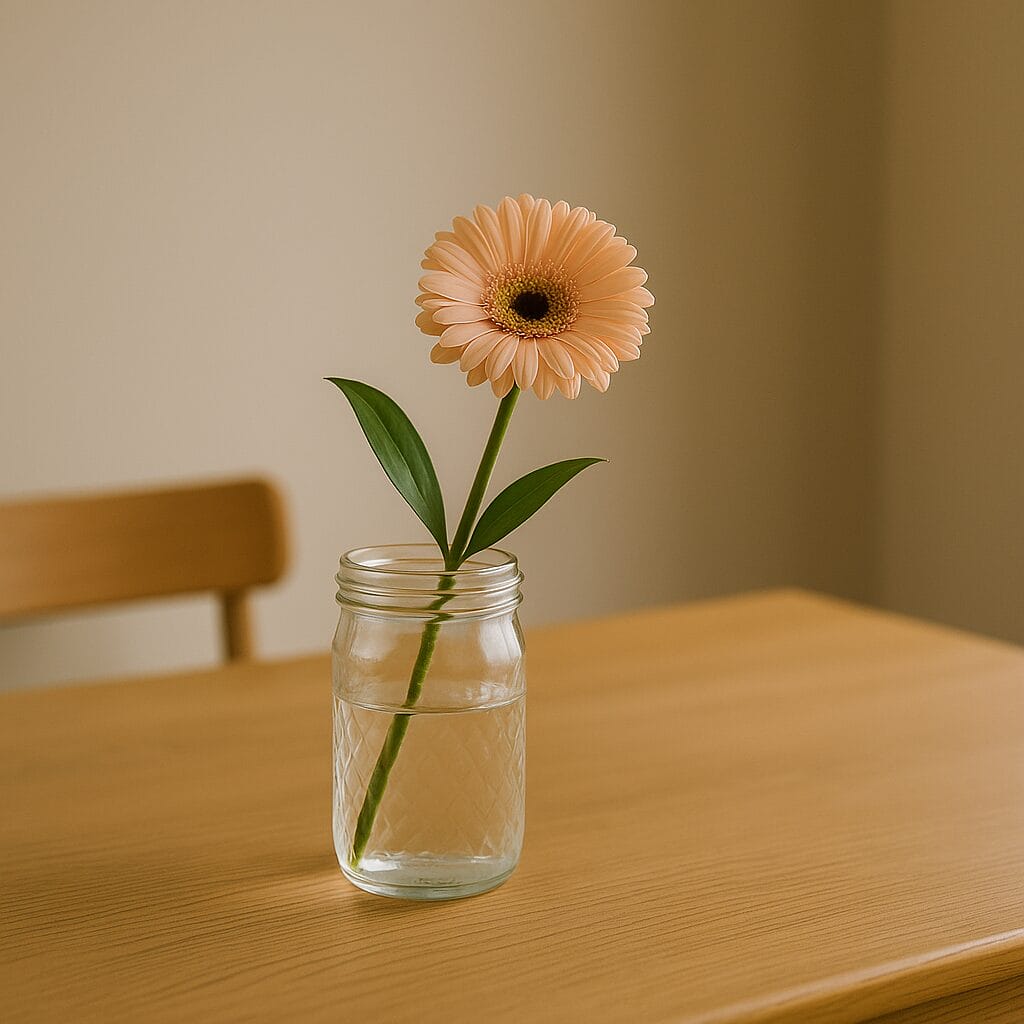 木製テーブルの上に置かれたガーベラの一輪挿し（ガラス瓶） / A single gerbera daisy in a glass jar on a wooden table
