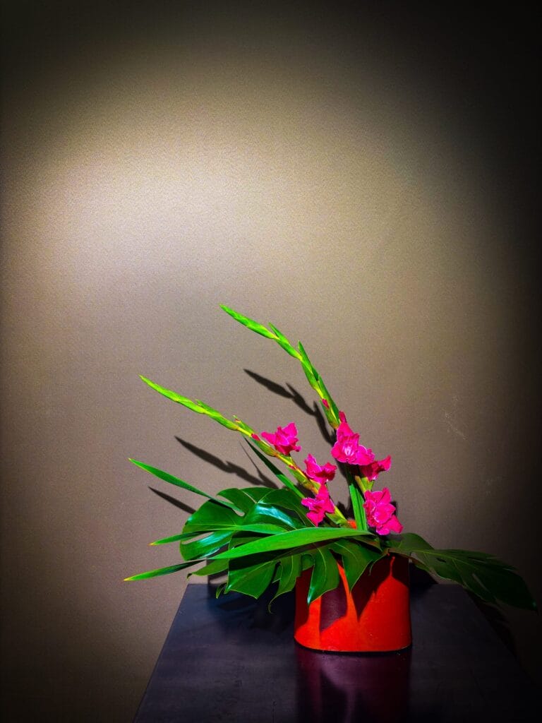 グラジオラスとモンステラを使った初夏の生け花作品（正面）	Ikebana arrangement with gladiolus and monstera for early summer (front view)