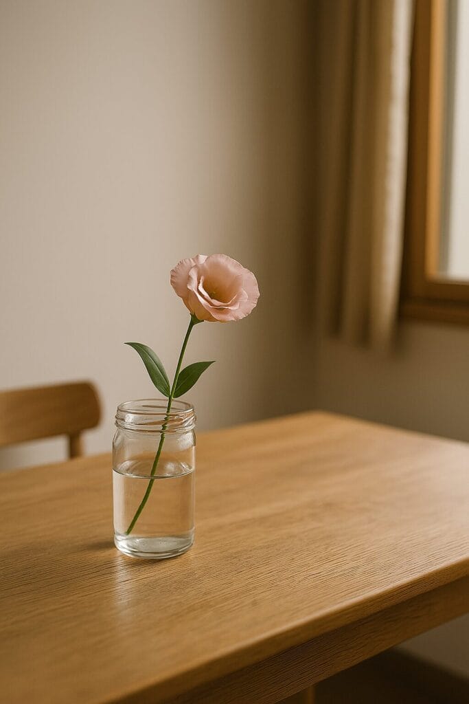 木製テーブルの上に飾られた、ガラス瓶にいけたピンクのトルコキキョウ / A pink lisianthus in a glass jar on a wooden table
