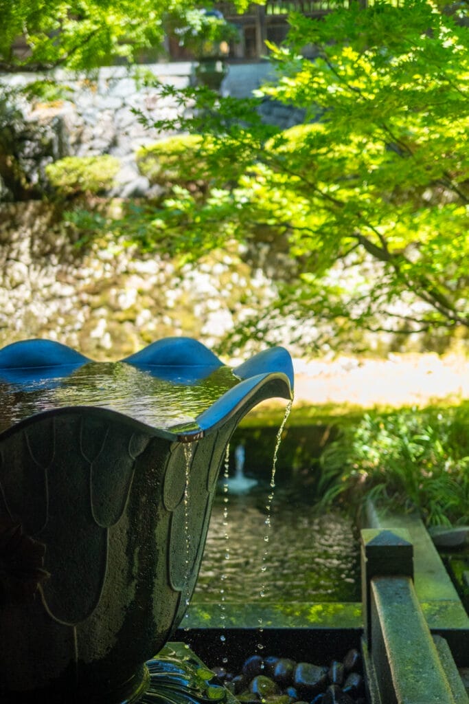 永平寺の境内にある蓮の花をかたどった水盤。清らかな水が静かに流れ落ち、新緑の中で涼を感じさせる。 